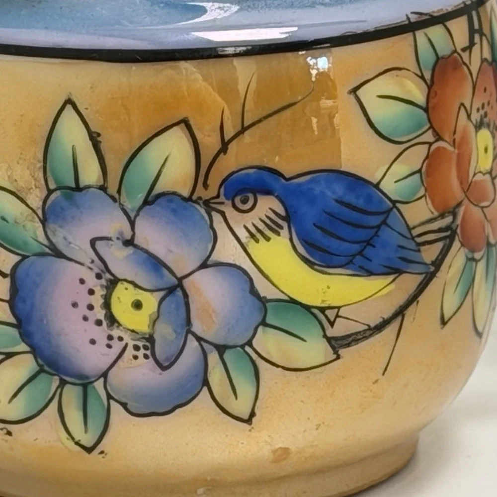 Vintage 1950s‎ Handmade In Japan Lusterware Sugar Bowl & Creamer Bird Floral